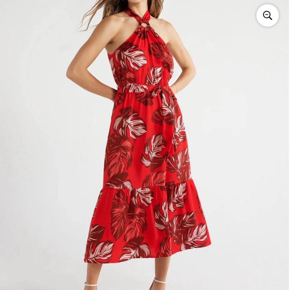 Elegant Red Leaf Print Halter Dress